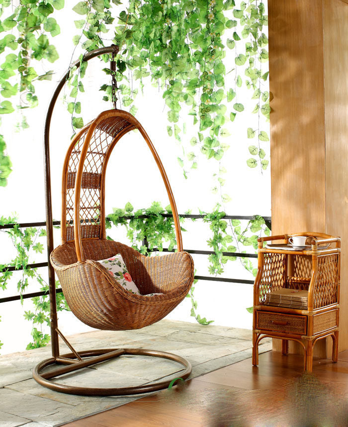 Natural Rattan Hanging Egg Chair with Stand and Cushion, Honey Brown