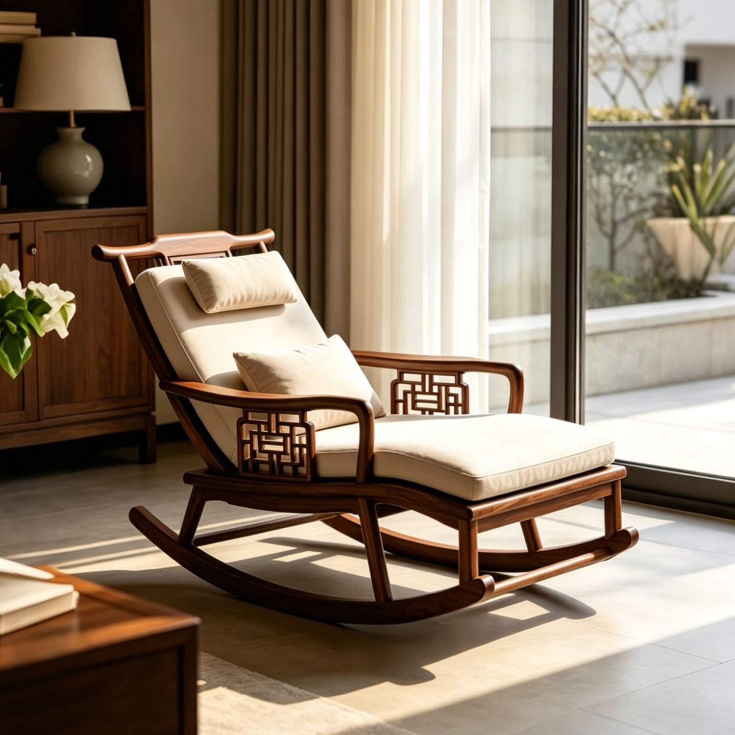 51-Inch Solid Ash Wood Chaise Rocking Chair with Cushions
