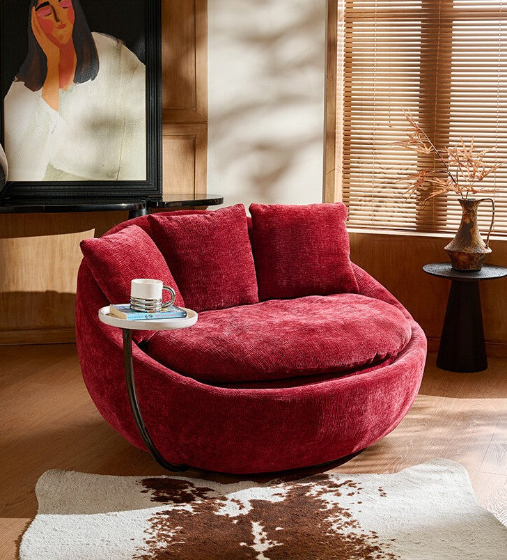 Burgundy Chenille Swivel Barrel Chair with Side Table and Pillows