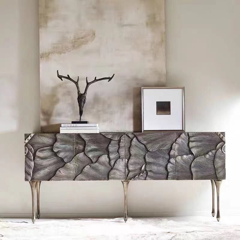 Distressed Silver Solid Wood 4-Door Sideboard Buffet Cabinet, Sculpted Botanical Leaf Relief Credenza with Interior Shelves for Dining Room, Living Room and Entryway