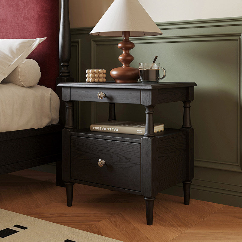 Black Solid Pine Wood Nightstand with Drawer and Open Shelf, Vintage Style Bedside Table with Turned Legs, Bedroom End Table for Small Spaces, Living Room, Guest Room