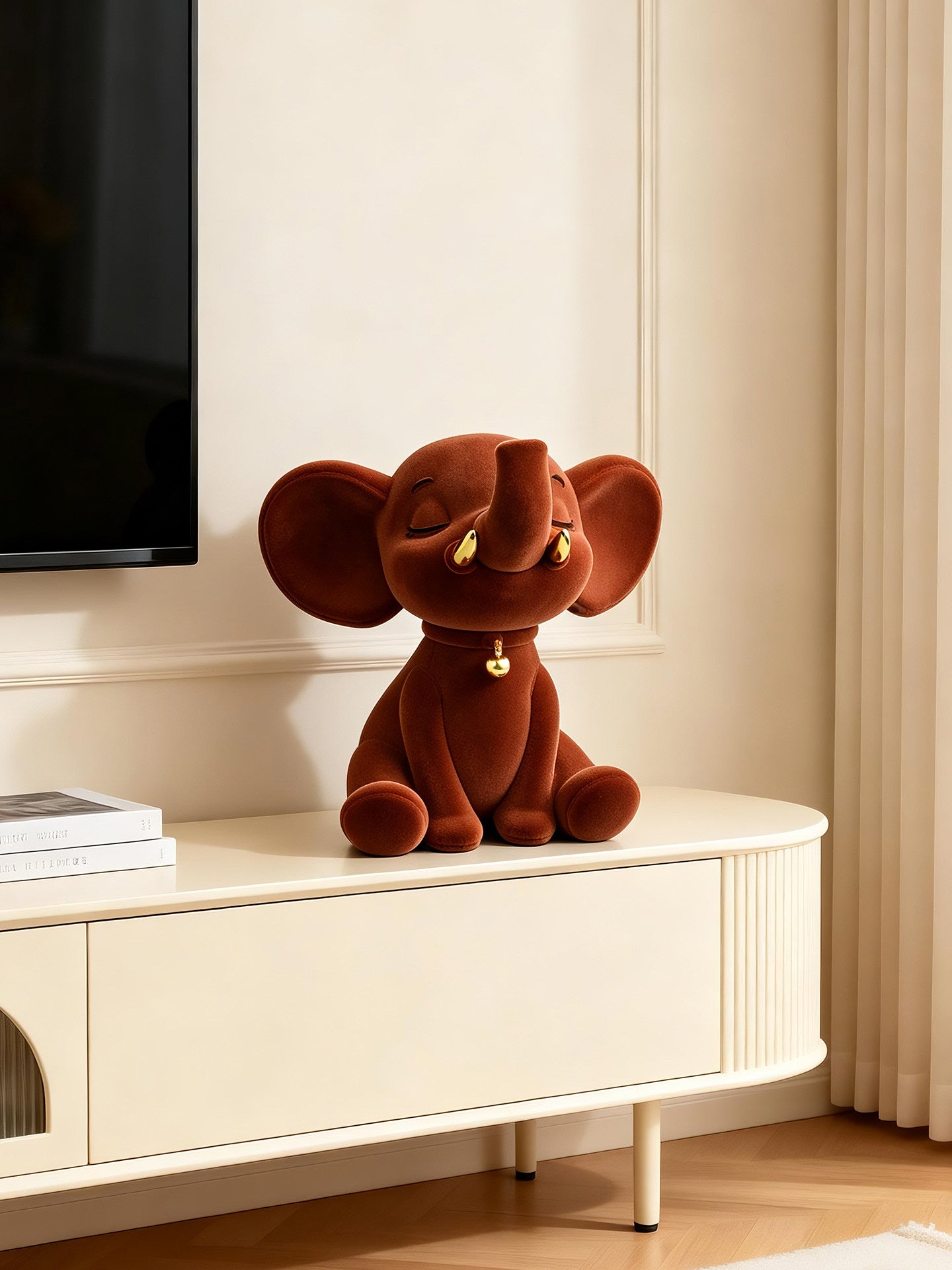 Brown Flocked Elephant Figurine, Cute Gold Accent Animal Statue with Raised Trunk, Decorative Tabletop Ornament for Living Room, Shelf, Desk, Nursery, Entryway, Gift Box Included