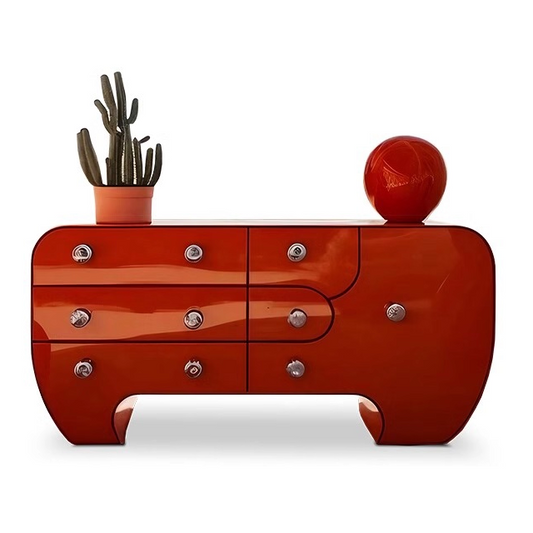 Glossy Red Modern Art Sideboard Cabinet, Sculptural 3 Door Buffet Storage Cabinet with Rounded Shape, High Gloss Accent Credenza for Dining Room, Living Room, Entryway, Hallway, and Home Storage