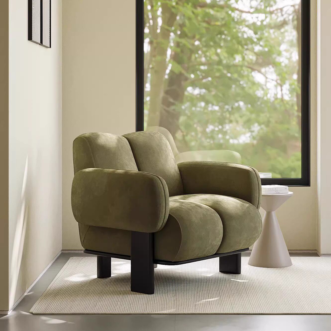 Olive Green Chenille Accent Chair with Padded Arms and Steel Frame