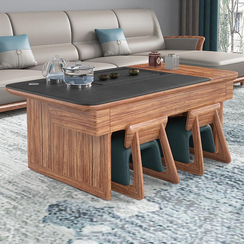 Solid Wood Tea Table Set with Built-In Tea Tray and 2 Stools