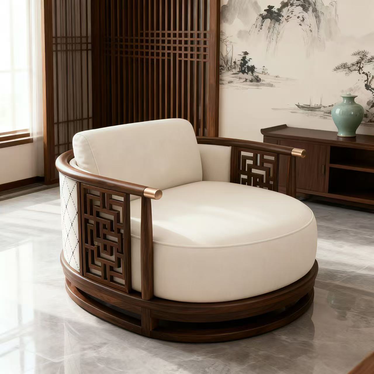 White Upholstered Ash Wood Barrel Accent Chair with Openwork Arms