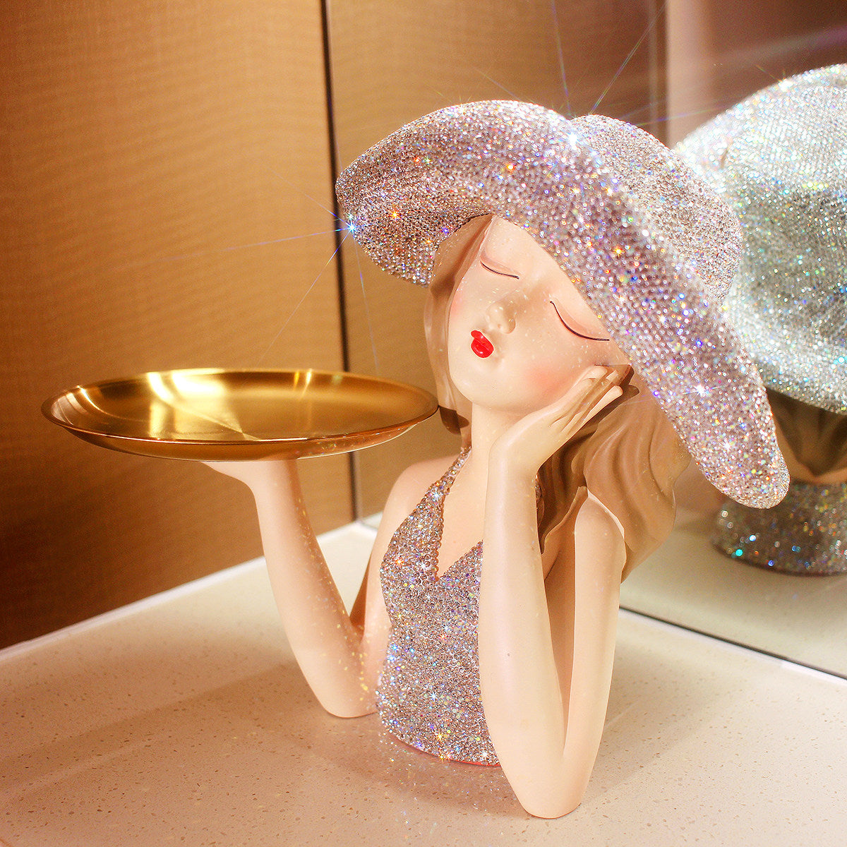 White Resin Lady Figurine with Gold Jewelry Tray