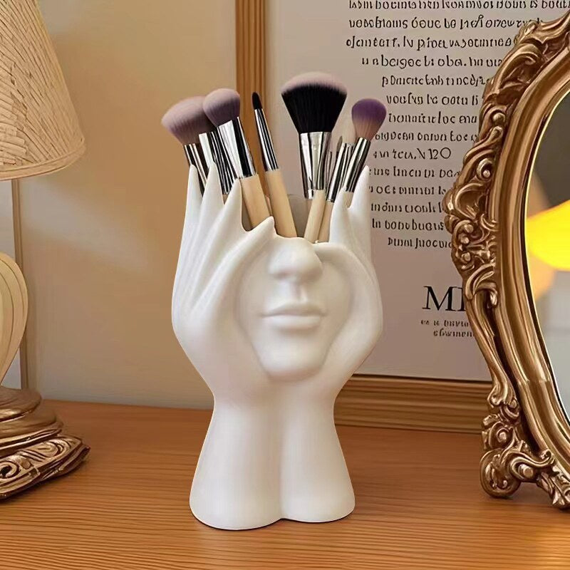 White Abstract Face Makeup Brush Holder, Sculptural Pen Cup