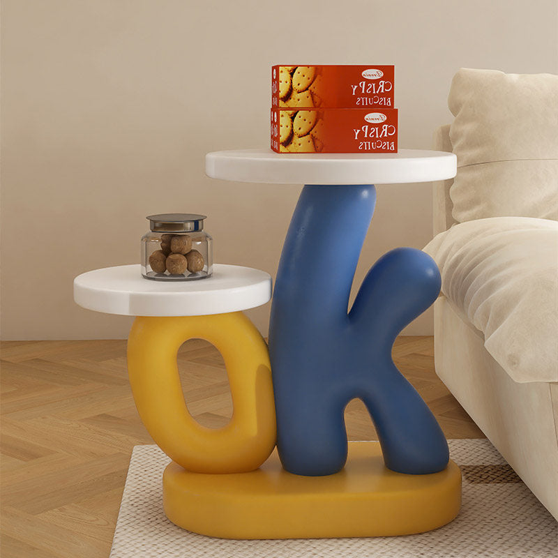 Blue and Yellow Letter Side Table with Two Round Display Trays