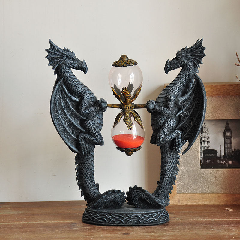 Gothic Double Dragon Hourglass Statue, Black Fantasy Dragon Sand Timer with Red Sand, Medieval Desk Decor Figurine for Office, Bookshelf, Study, Living Room, Gaming Room, Collector Gift