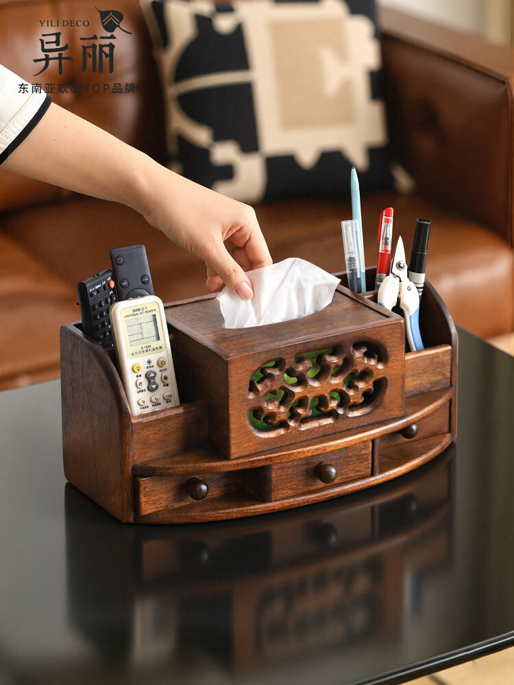 Teak Solid Wood Tissue Box Cover and Remote Control Organizer, Carved Multifunctional Desktop Storage Caddy with Side Compartments and Drawers for Coffee Table, Living Room or Office