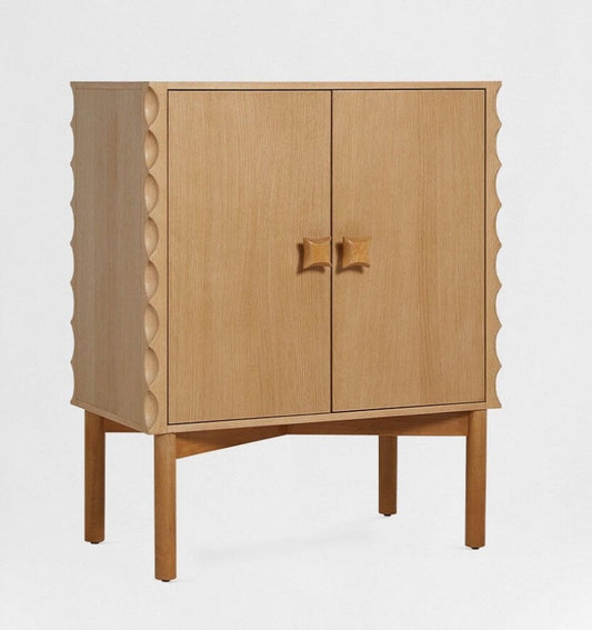 Natural Wood Scalloped Sideboard Cabinet, Solid Wood 2 Door Storage Cabinet with Wavy Edge Detail, Tall Buffet Credenza for Dining Room, Living Room, Entryway and Hallway