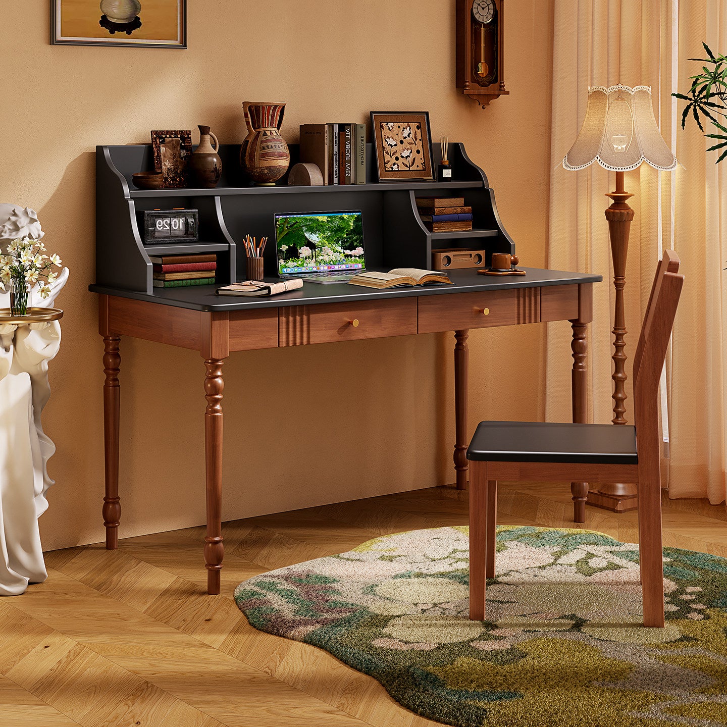 Walnut and Black Writing Desk with Hutch, Shelves and Two Drawers
