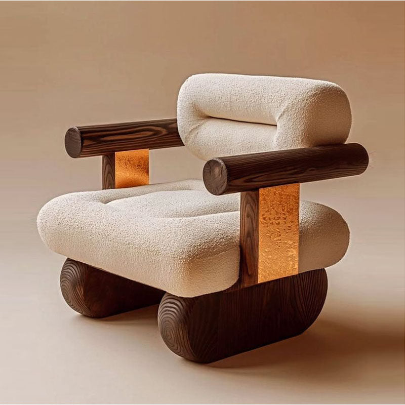 Modern Wabi Sabi Boucle Accent Chair, Solid Ash Wood Lounge Armchair with White Sherpa Upholstery, Japandi Low Profile Single Sofa Chair for Living Room, Bedroom, Hotel Lobby, Reading Corner