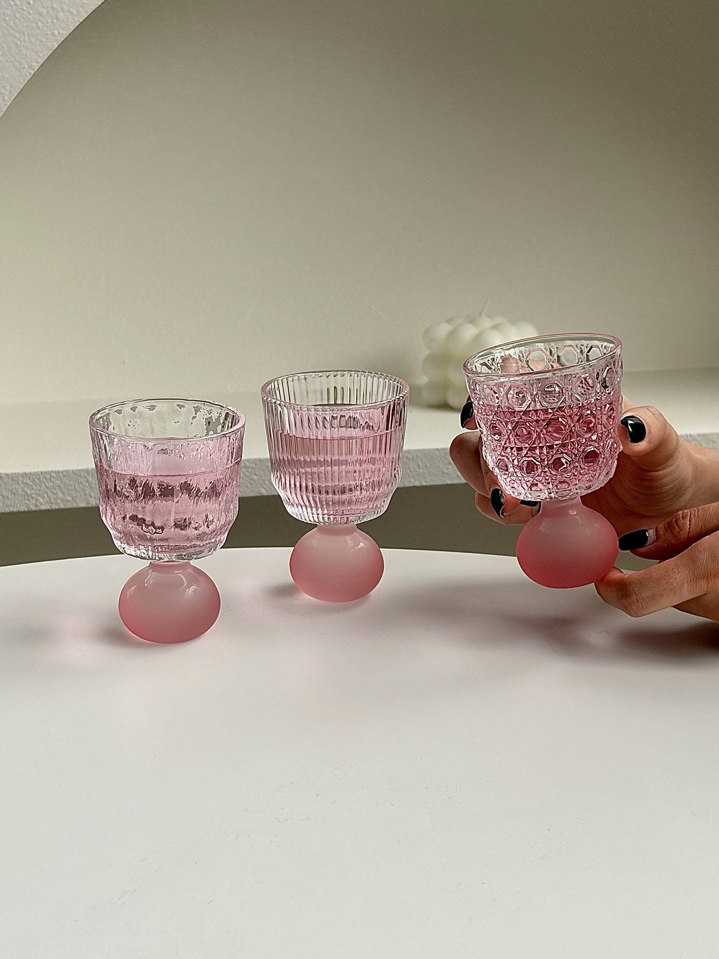Set of 4 Pink Ball Stem Shot Glasses, 3.4 oz Small Footed Glass Cups with Mixed Textured Clear Bowls for Whiskey, Liqueur, Soju, Sake, Dessert Shooters and Tasting Drinks