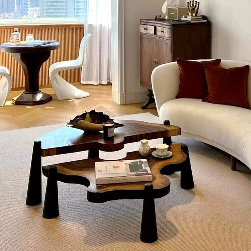 Black Walnut Irregular Coffee Table Set, Solid Wood Nesting Tables