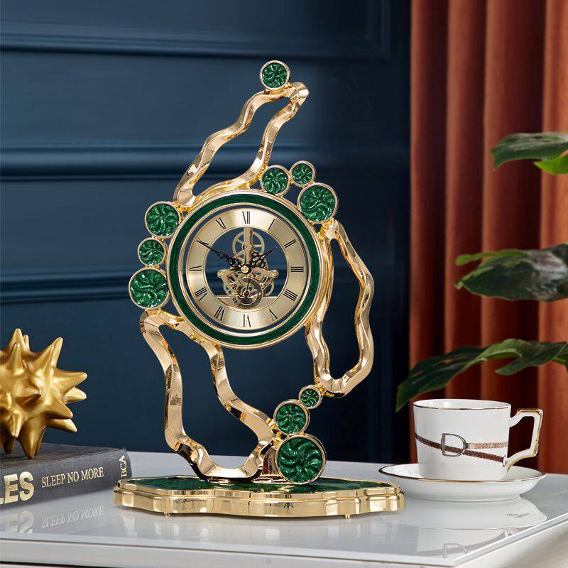 Gold and Green Decorative Table Clock with Open Gear Dial, 16.1 Inch