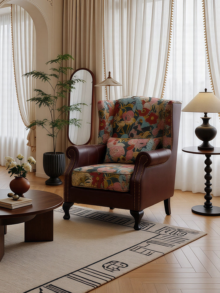 Floral Wingback Accent Chair, Vintage Upholstered Armchair with Nailhead Trim for Living Room, Bedroom, Reading Nook and Lounge