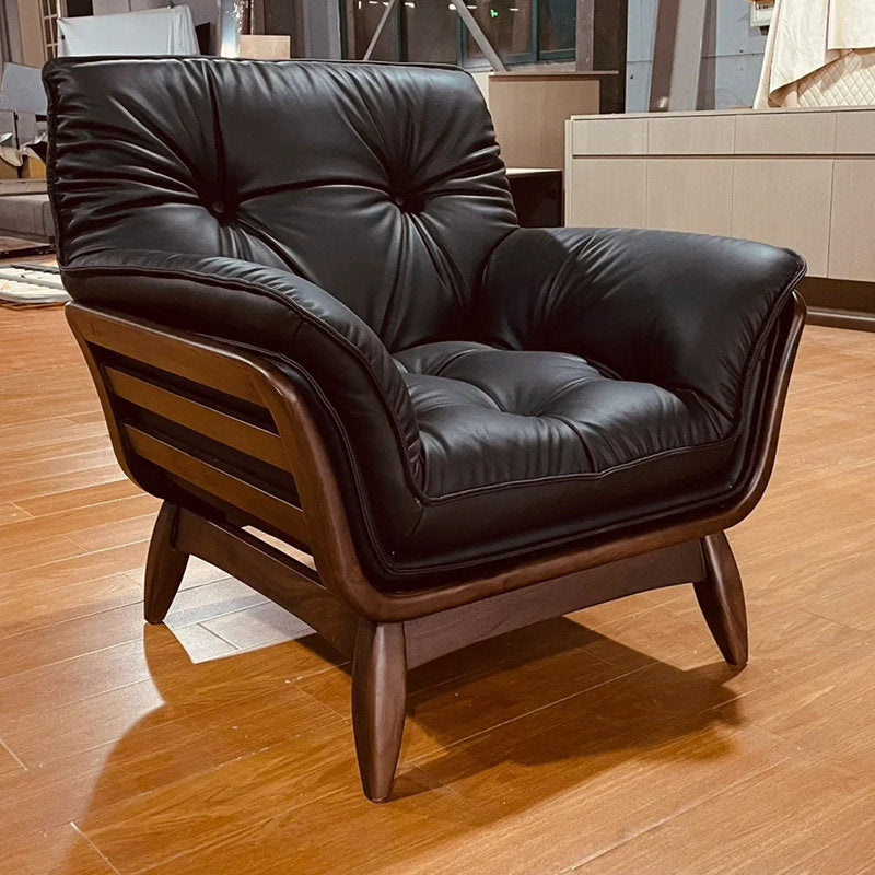 Dark Brown Leather Accent Chair with Black Walnut Wood Frame