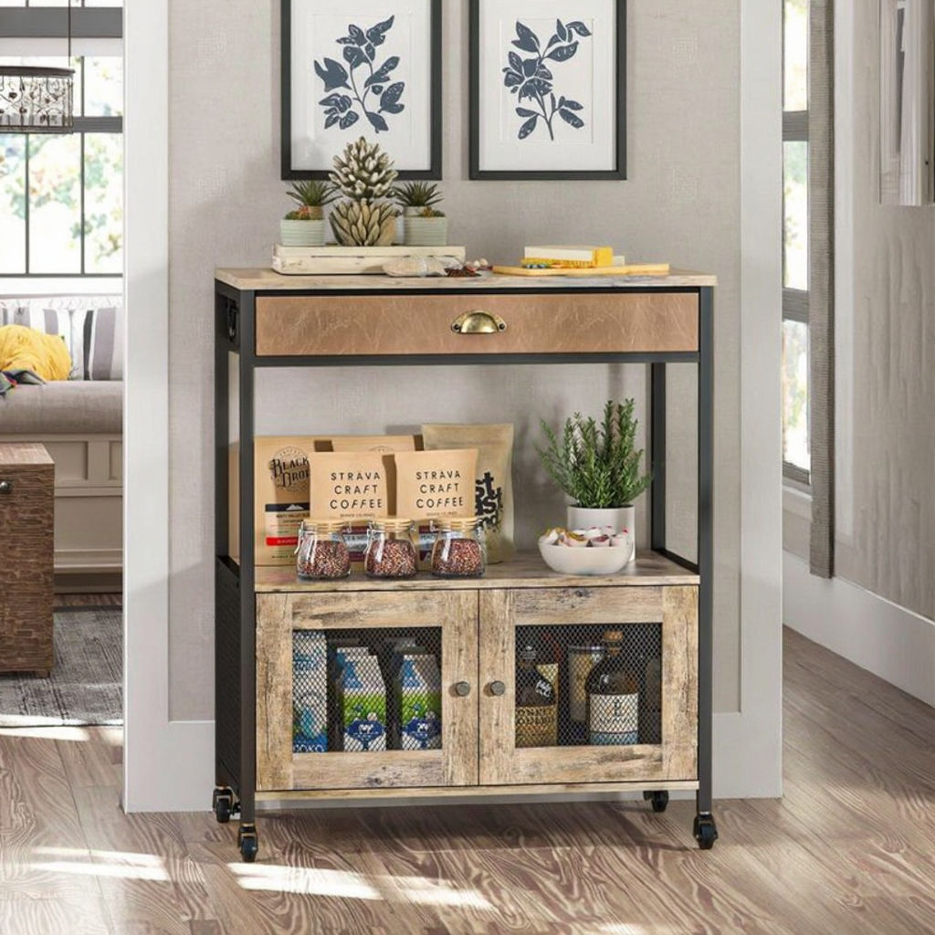 Rustic 3-Tier Rolling Coffee Cart with Drawer and Mesh Door Cabinet