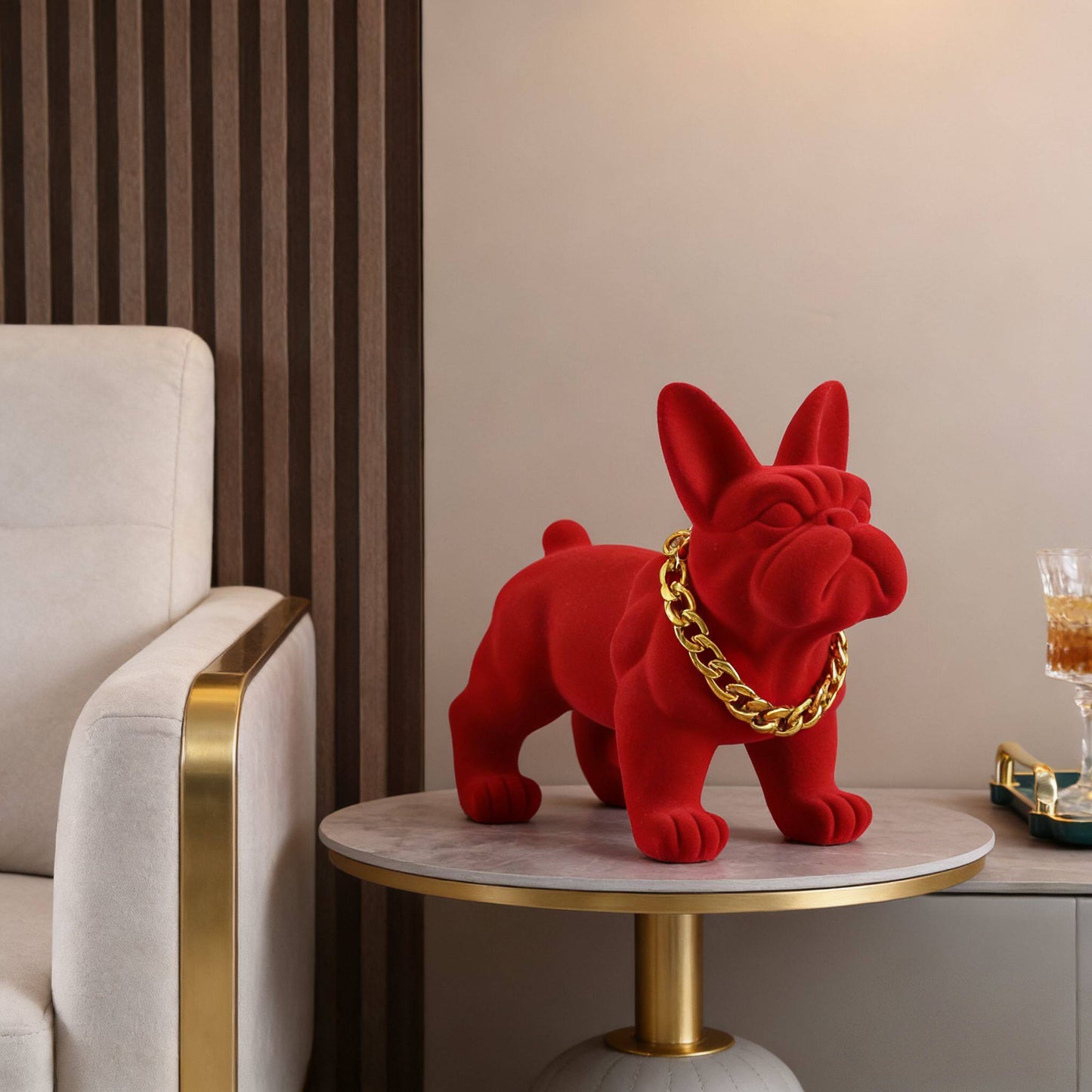 Red French Bulldog Piggy Bank, Flocked Dog Statue Coin Bank with Gold Chain, Modern Animal Figurine Money Box for Living Room, Bedroom, Office Desk, Entryway Decor