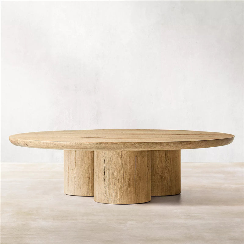 Round Solid Wood Coffee Table, Natural Wood Center Table with Cylindrical Pedestal Base for Living Room, Sofa Lounge, Villa, Hotel, Farmhouse Decor