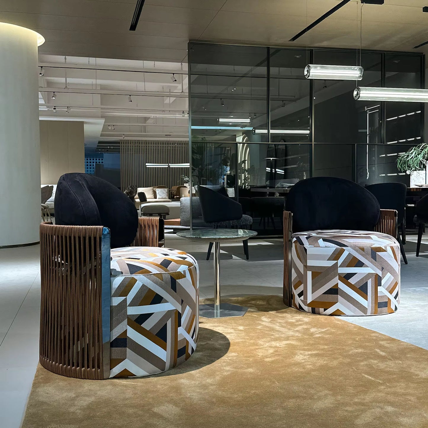 Black Velvet Accent Chair with Geometric Fabric Seat and Wood Arms