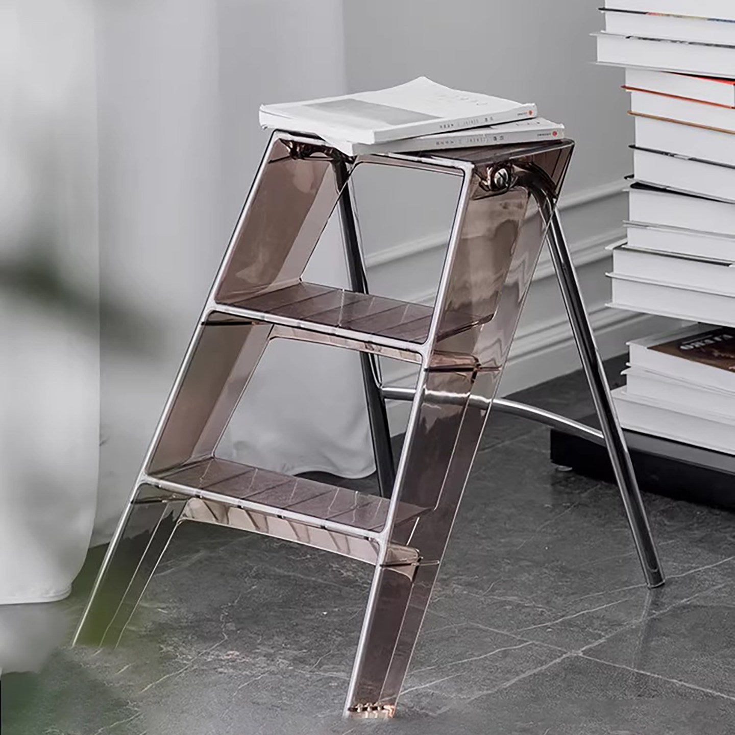 Transparent Brown 3 Step Folding Ladder, Acrylic Look Step Stool, Multi-Purpose Foldable Stepladder with Anti-Slip Treads for Kitchen, Closet, Bedroom, Living Room