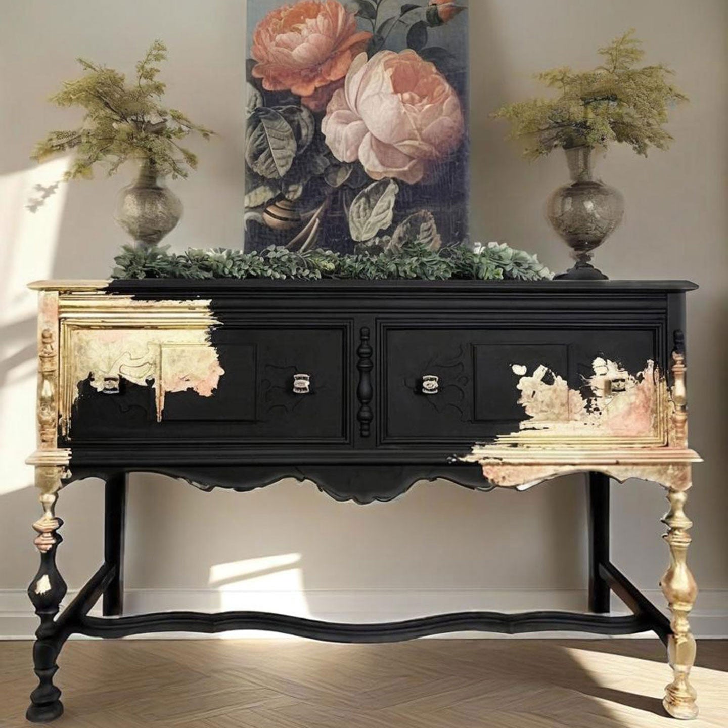 Black and Gold Hand-Painted Solid Wood Console Cabinet, French Vintage 2-Drawer Entryway Sideboard with Distressed Finish, Turned Legs and Curved Stretcher for Hallway, Dining Room and Living Room