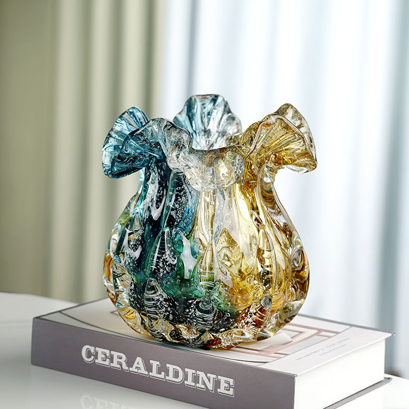 Blue and Amber Art Glass Vase with Ruffled Mouth for Flowers