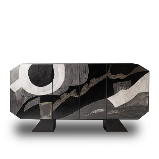 Black and White Abstract Sideboard Cabinet, Modern 3 Door Credenza Storage Cabinet, Decorative Entryway Cabinet Buffet Console for Dining Room, Living Room, Hallway, Foyer