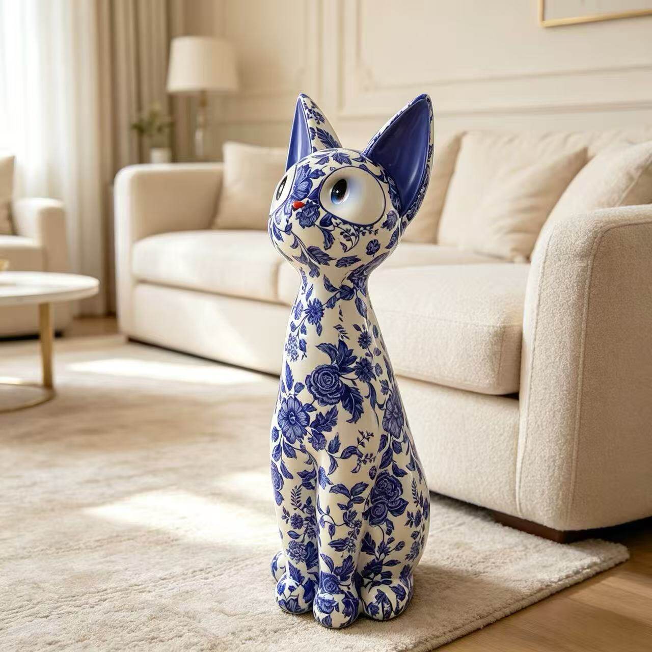 Blue and White Cat Floor Statue, Porcelain Style Decorative Animal Sculpture for Living Room, Entryway, TV Stand, Sofa Side and Home Décor Gift