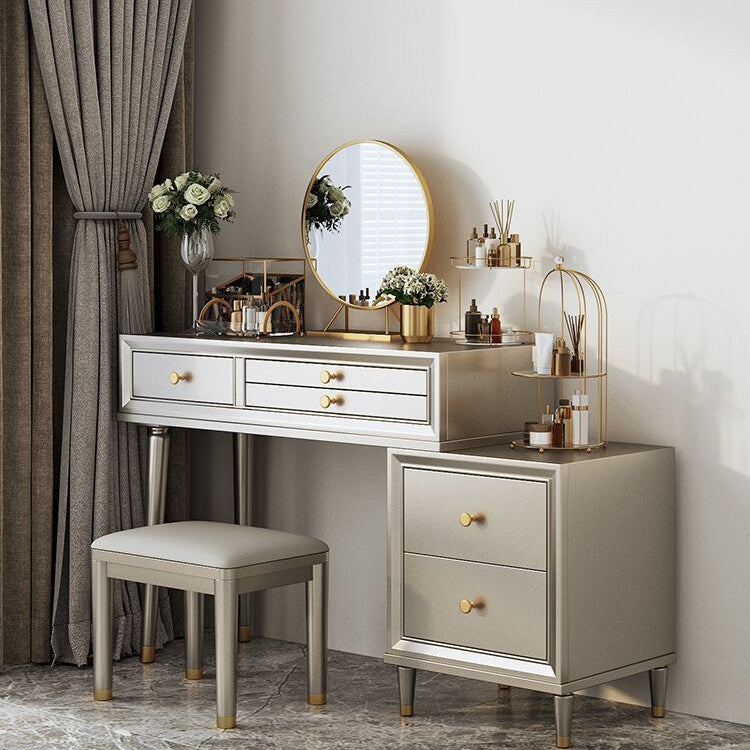 Modern Vanity Desk with 5 Drawers and Side Storage Cabinet, Compact Makeup Table with Gold-Tone Knobs and Tapered Legs for Bedroom, Dressing Area or Home Office