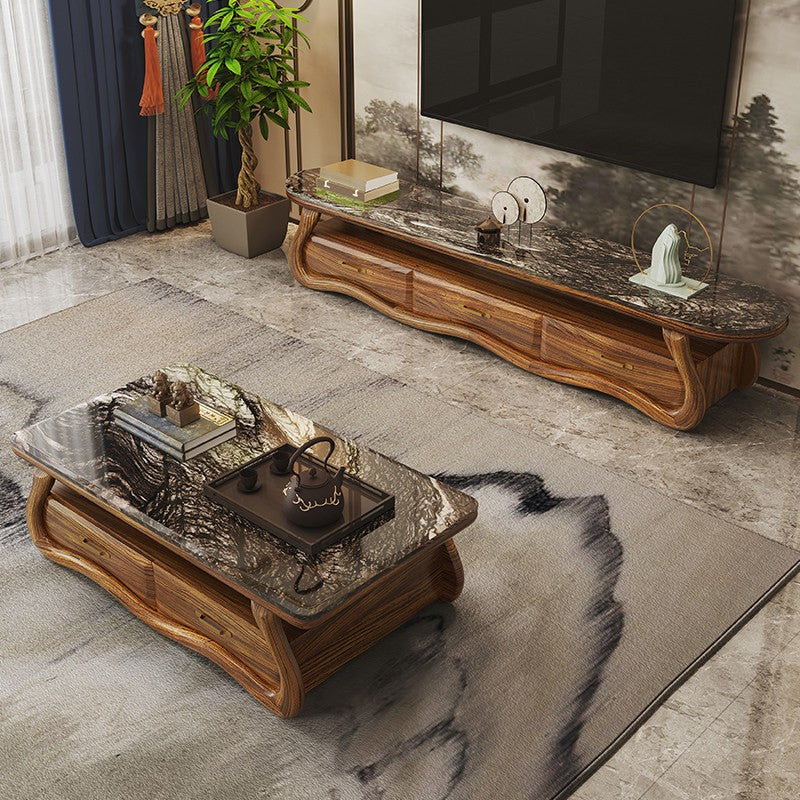 Wenge Wood TV Stand with Marble Top and 4 Storage Drawers