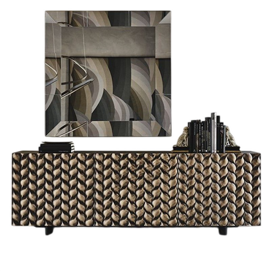 Textured Sideboard Buffet Cabinet, Modern Black and Gold 2 Door Storage Credenza with Raised Leaf Pattern Front for Dining Room, Living Room, Entryway and TV Stand Use