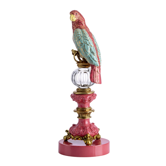 Colorful Parrot Figurine on Pedestal, Decorative Bird Statue with Pink Base and Gold Tone Accents, Tropical Tabletop Sculpture for Living Room, Office, Bookshelf, Console Table and Gift Decor