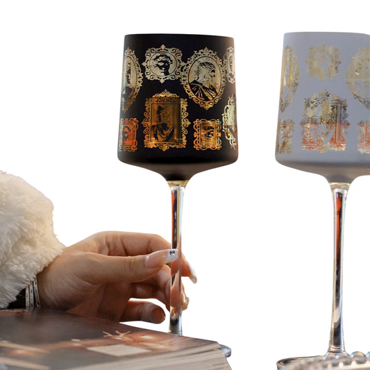 Gold Medallion Stemmed Wine Glasses Set of 2, 14.2 oz Decorative Goblet Glasses, Black and Gray Vintage Style Cocktail Glasses for Wine, Champagne, Whiskey, Parties