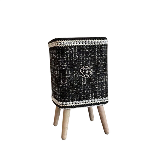 Black Tweed Style Trash Can with Lid, Decorative Press Top Waste Basket with Pearl Trim and Wooden Legs, Small Luxury Garbage Bin for Bathroom, Bedroom, Living Room, Office