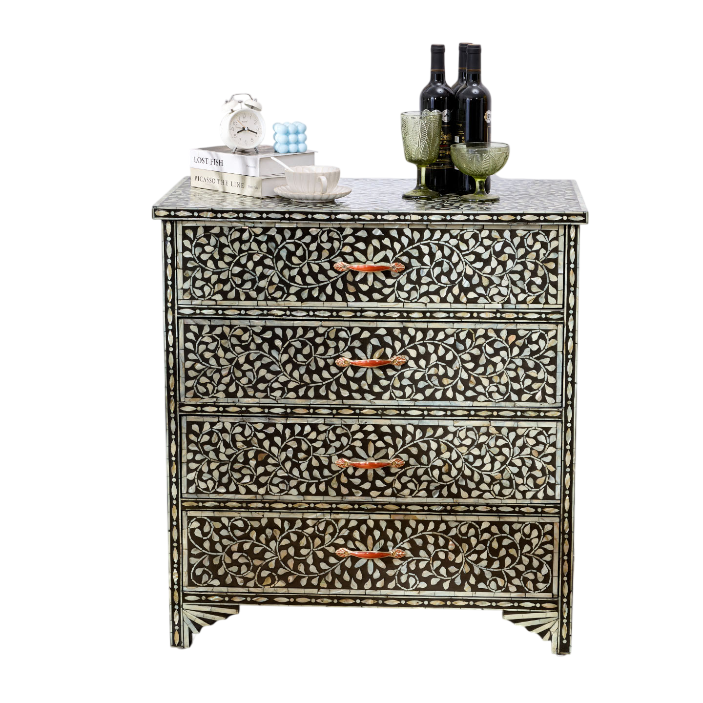 Black Mother of Pearl Shell Inlay 4 Drawer Chest, Floral Mosaic Dresser Cabinet with Handcrafted Leaf Pattern, Luxury Accent Storage Cabinet for Bedroom, Entryway, Living Room, Hallway, and Console Decor