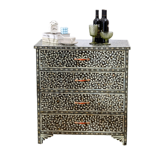 Black Mother of Pearl Shell Inlay 4 Drawer Chest, Floral Mosaic Dresser Cabinet with Handcrafted Leaf Pattern, Luxury Accent Storage Cabinet for Bedroom, Entryway, Living Room, Hallway, and Console Decor