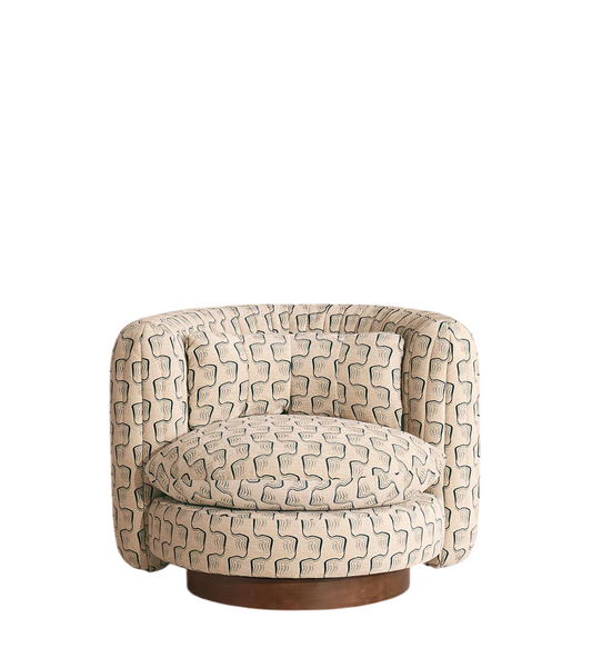 Cream Patterned Swivel Accent Chair with Wood Base for Living Room