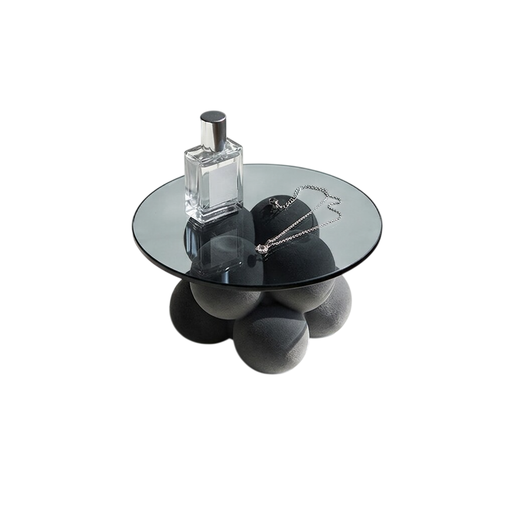 Smoke Gray Glass Display Tray, Sculptural Sphere Base Decorative Stand with Round Tinted Glass Top for Jewelry, Perfume, Candles, Vanity, Coffee Table and Entryway Décor