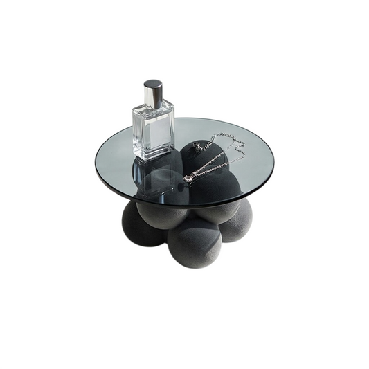 Smoke Gray Glass Display Tray, Sculptural Sphere Base Decorative Stand with Round Tinted Glass Top for Jewelry, Perfume, Candles, Vanity, Coffee Table and Entryway Décor