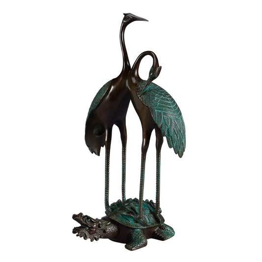 Copper Crane and Turtle Statue, Antique Green Double Crane Figurine with Turtle Base, Decorative Metal Sculpture for Living Room, Office, Tabletop, Birthday and Housewarming Gift