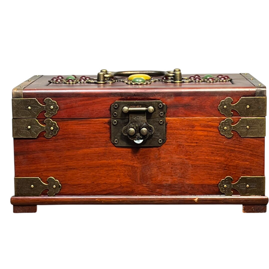 Vintage Wooden Jewelry Box with Mirror, Brass Corner Keepsake Chest with Double Handles, Beaded Lid Decor and Locking Clasp, Solid Wood Makeup Storage Box for Jewelry, Collectibles, Gifts