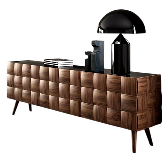 Walnut Sideboard Buffet Cabinet, Mid Century Modern TV Stand with Raised 3D Checkerboard Doors, Wood Storage Credenza for Living Room, Dining Room and Entryway