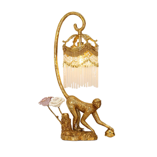 Gold Monkey Table Lamp with Crystal Fringe Shade, Decorative Animal Statue Accent Light, Vintage Style Bedside Lamp for Living Room, Bedroom, Office, Study, Console Table and Gift Decor