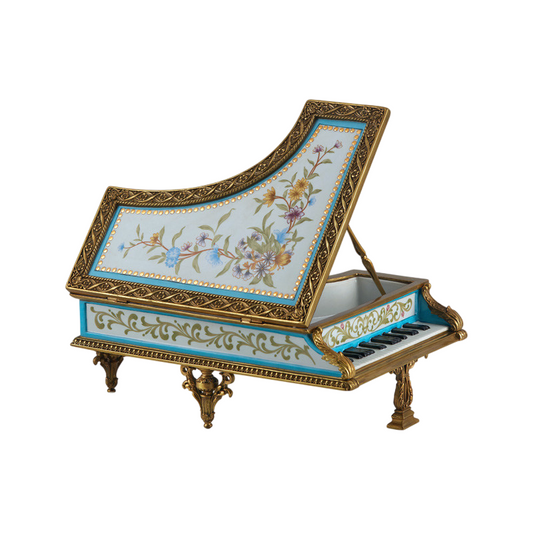 Decorative Grand Piano Figurine, Blue Floral Ceramic and Gold Tone Tabletop Sculpture, Vintage Music Theme Home Decor Accent for Living Room, Office, Study, Bookshelf, Mantel and Gift Display