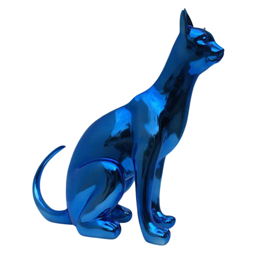 Blue Chrome Abstract Cat Sculpture, Small Sitting Resin Cat Statue, Electroplated Modern Animal Figurine for Living Room, Bar, Boutique Window Display, Gallery, Entryway, Luxury Home Decor