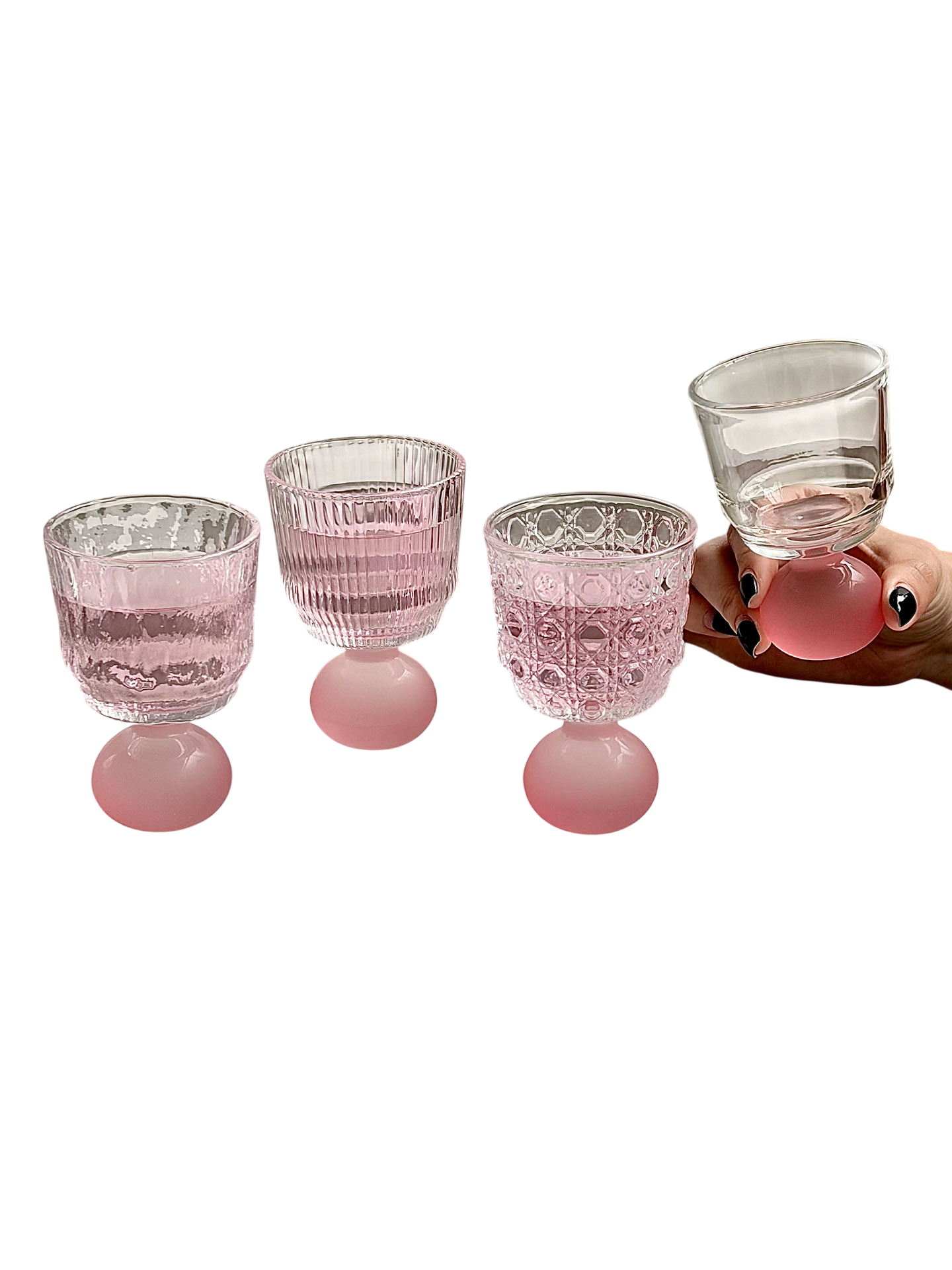 Set of 4 Pink Ball Stem Shot Glasses, 3.4 oz Small Footed Glass Cups with Mixed Textured Clear Bowls for Whiskey, Liqueur, Soju, Sake, Dessert Shooters and Tasting Drinks